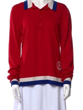 Burberry Red V-Neck Sweater with Blue and Cream Trim